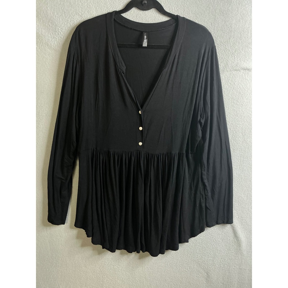 ALLEGRACE Top Women's 1X Black‎ Long Sleeve Button Up Peplum Top Blouse